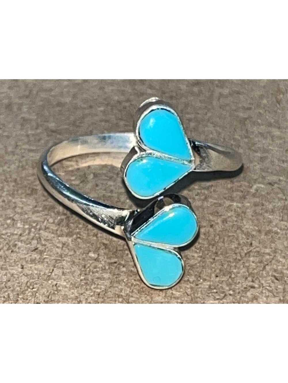 Zuni traditional cluster turquoise sterling silver hearts inlay ring size 8-9.5